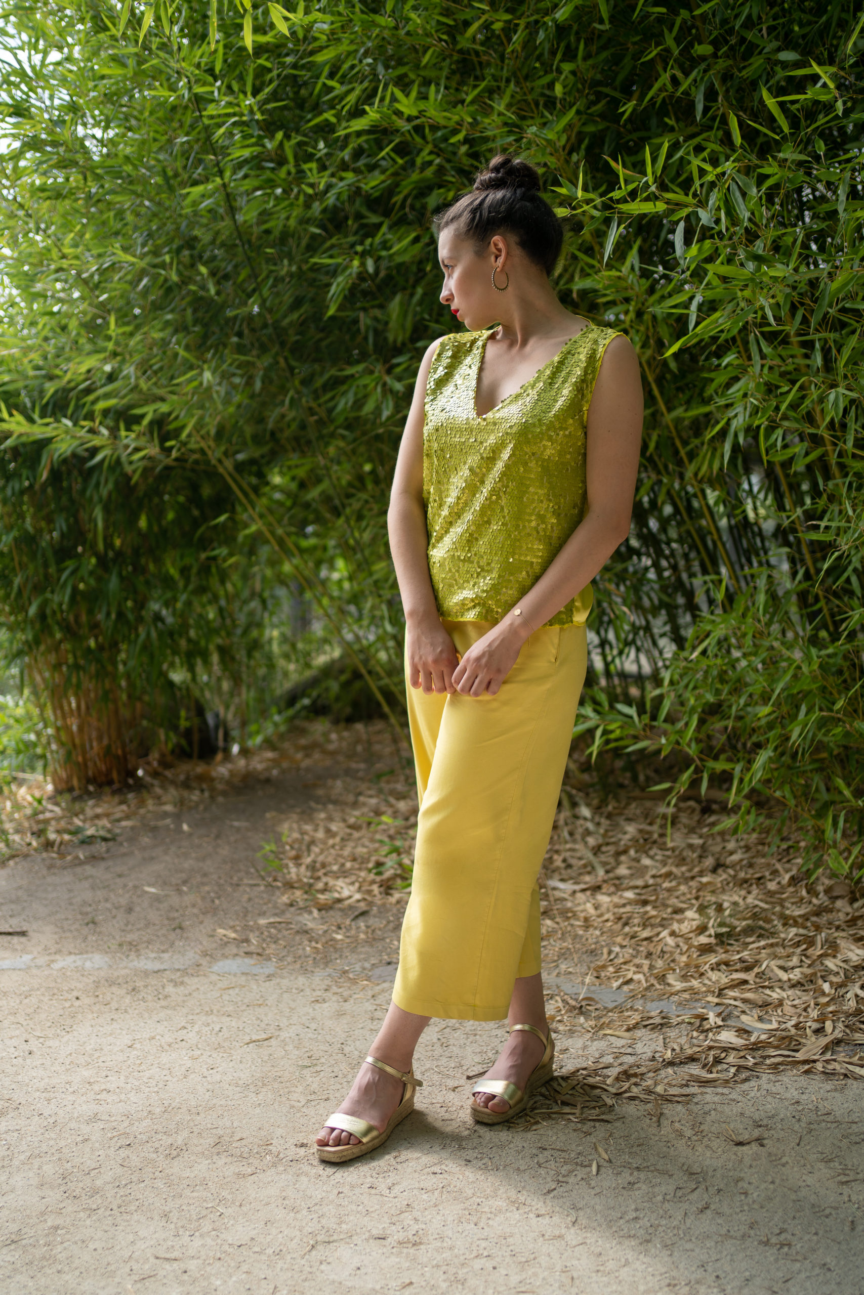 haut IBIZA bi-matière sequins anis et jaune satiné tissus haute couture