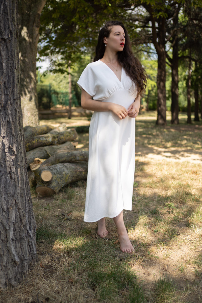 Robe MARYSE crêpe japonais blanc haute-couture