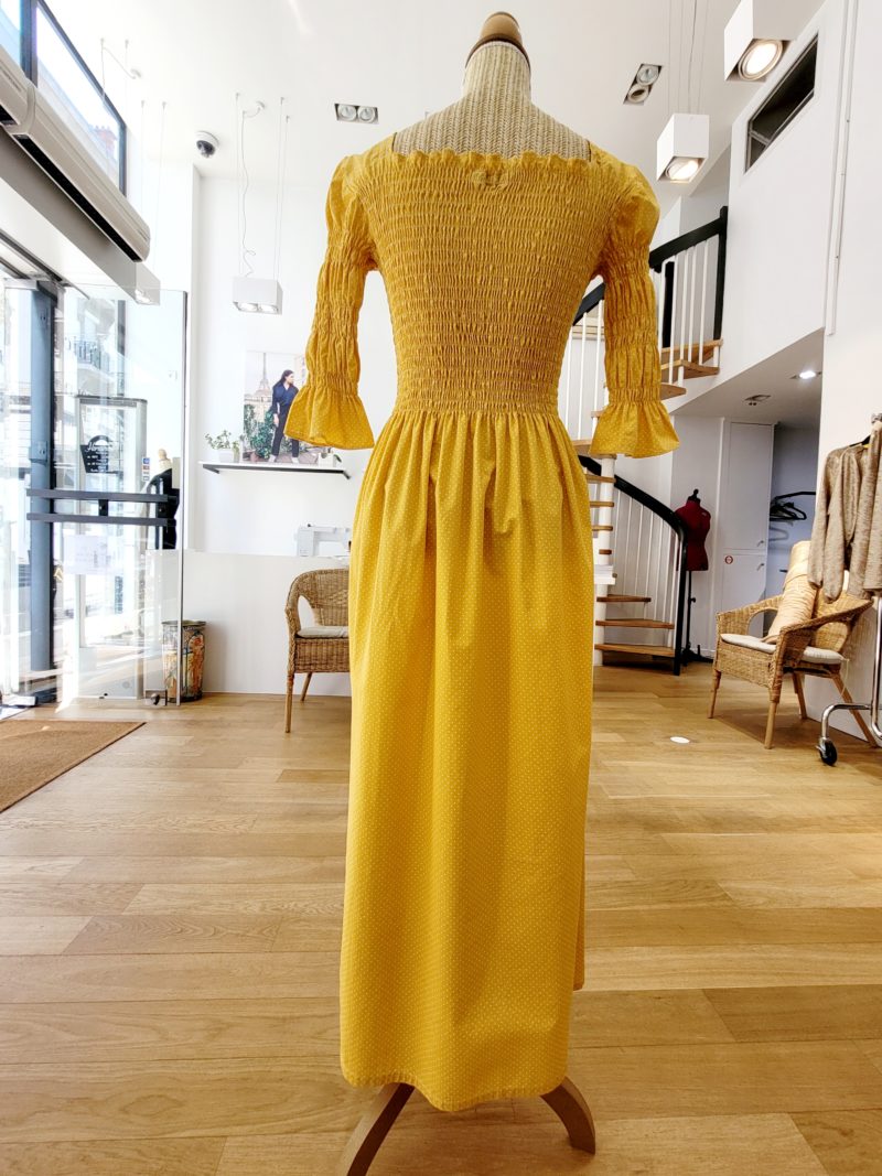 Robe ALTINAÏ smocks safran à petits pois blancs