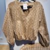 Blouse col V jacquard coton façon monogramme marron beige Blouse col V jacquard coton façon monogramme marron beige