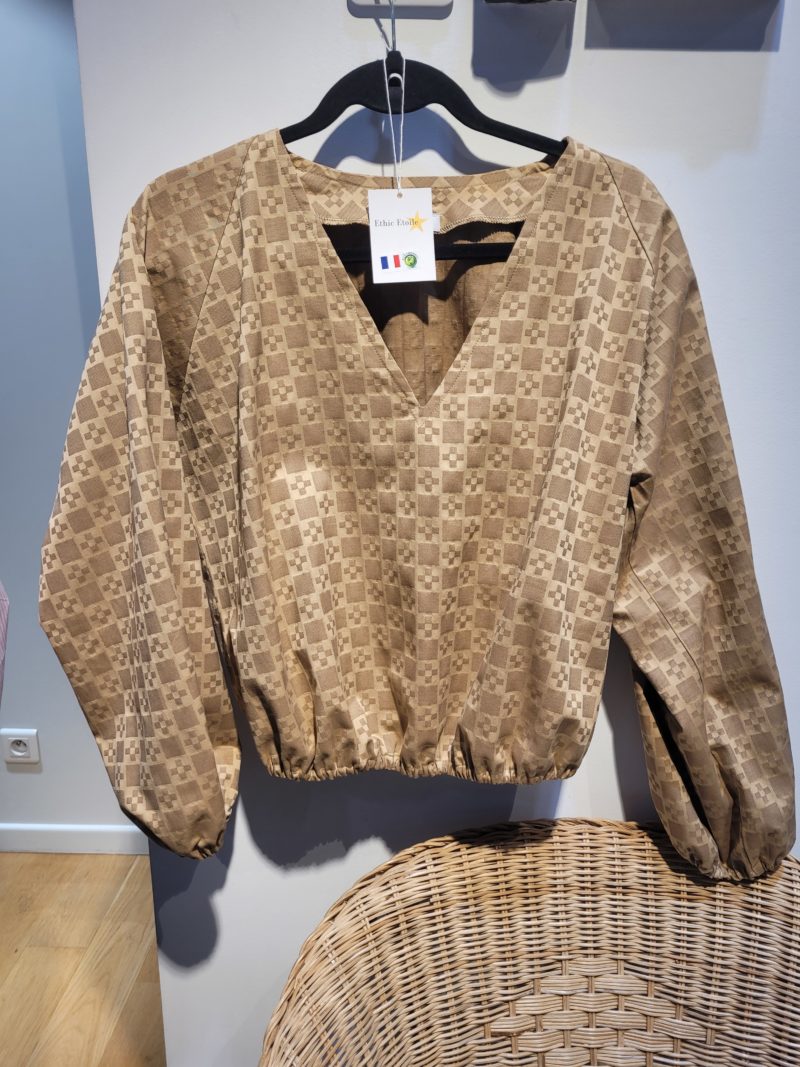 Blouse col V jacquard coton façon monogramme marron beige