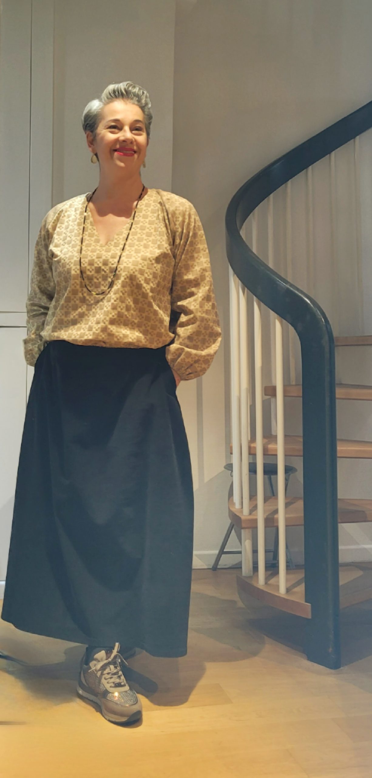 Blouse col V jacquard coton façon monogramme marron beige Blouse col V jacquard coton façon monogramme marron beige