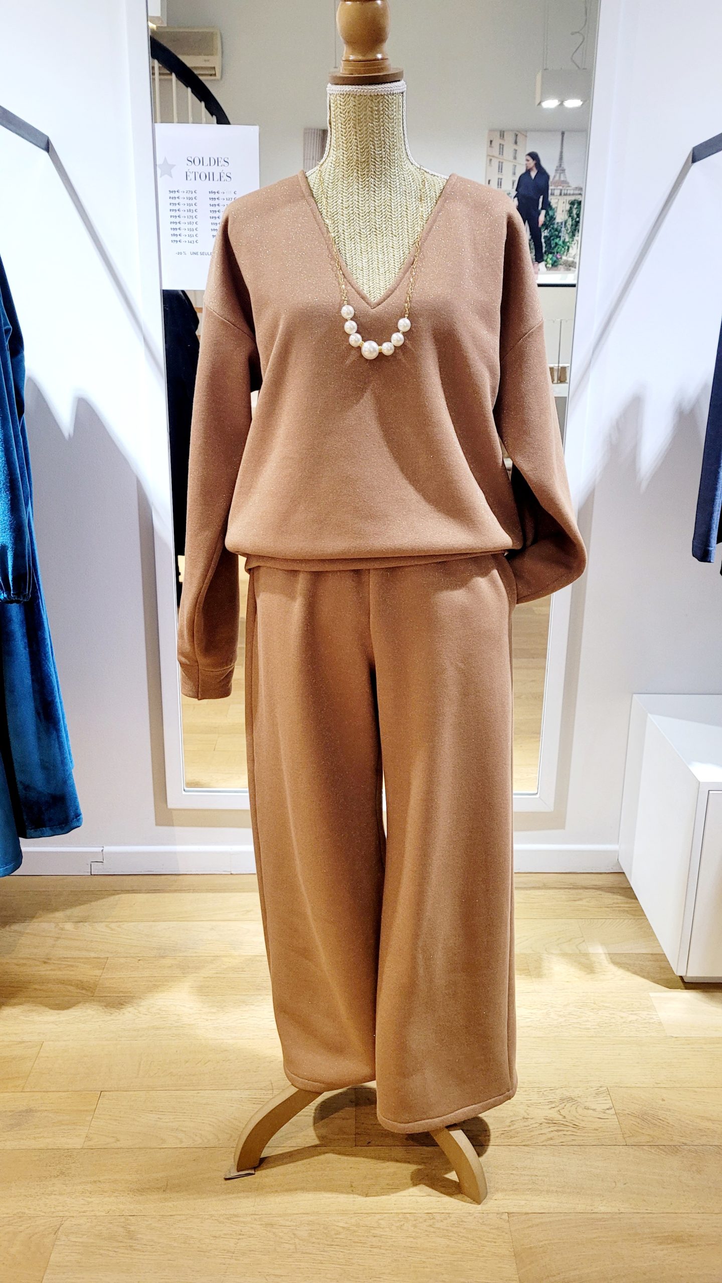 Pantalon ROMY molleton sweat camel lurex doré